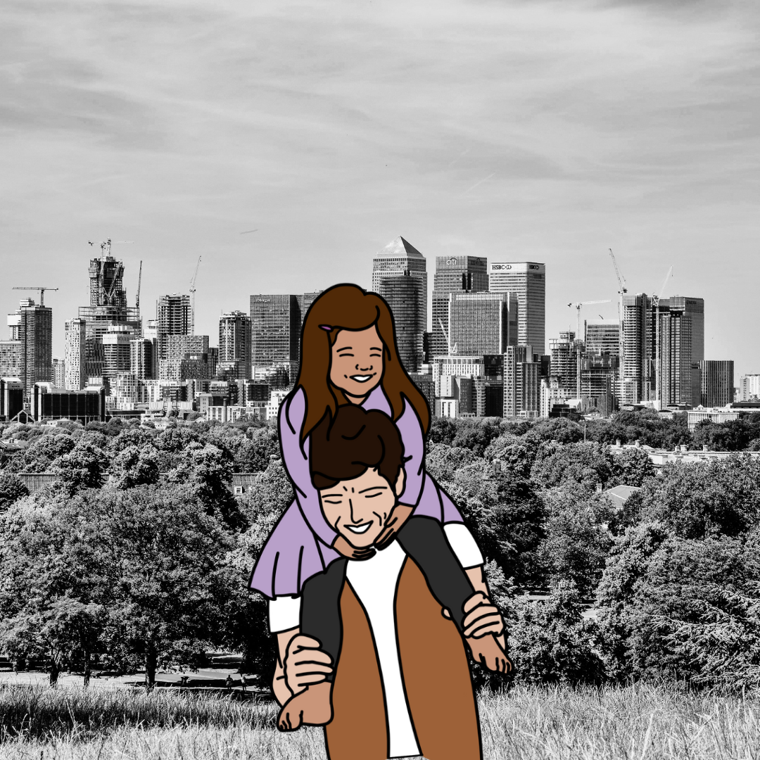 cartoon image of dad carrying his daughter