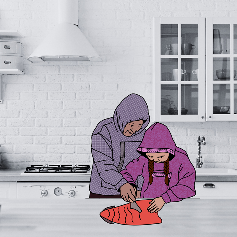 cartoon image of mom helping daughter to clean a fish